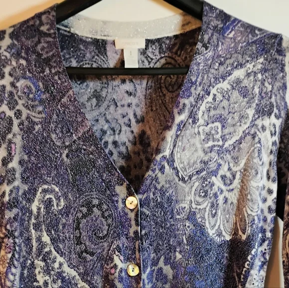 Chico’s Cardigan Size 1 Blue Purple Paisley Button Front Stretch Top - Picture 5 of 10